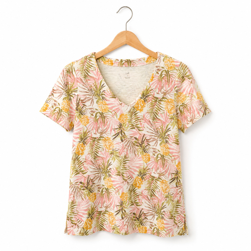 J Jill Tee Womens Size Medium White Pineapple Print V-Neck 100% Pima Cotton Slub